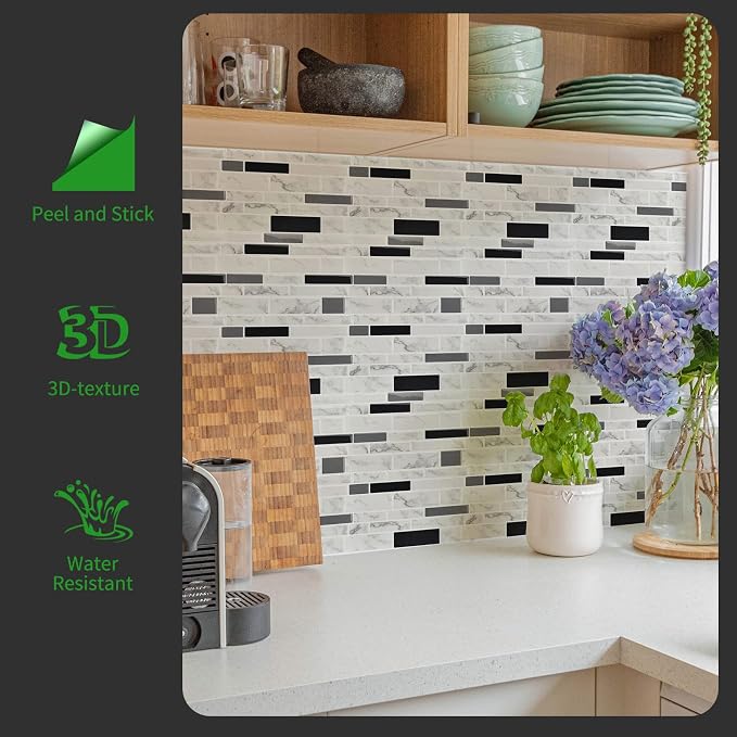 LONGKING 10-Sheet Peel and Stick Tile Backsplash, Vinyl Self-Adhesive Tile Stickers for Kitchen, Bathroom, White Marble | Peel and stick backsplash, vinyl PVC, marble, waterproof, kitchen bathroom wall, 10-sheet, set B