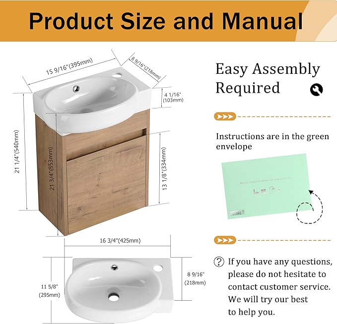 Malwee 16 Inch Floating Bathroom Vanity with Sink, 16'' Wall Mounted Single Sink Bathroom Vanity Combo, Modern Brown Cabinet Set with 1 Soft Close Door and Ceramics Basin Top,MAF02916-IMOX