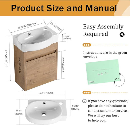 Malwee 16 Inch Floating Bathroom Vanity with Sink, 16'' Wall Mounted Single Sink Bathroom Vanity Combo, Modern Brown Cabinet Set with 1 Soft Close Door and Ceramics Basin Top,MAF02916-IMOX