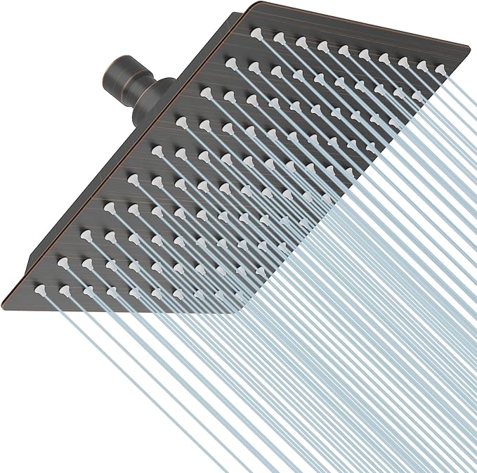8 In Rain Shower Head High Pressure Rainfall Shower Head Bronze | Square Rain Bathroom Showerhead, High Flow, Large Stainless Steel, Ceiling Mounted, Wall Mounted, Waterfall Full Body