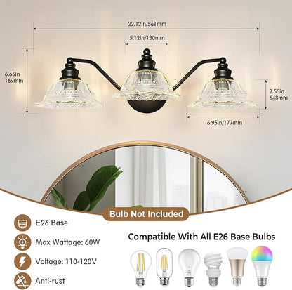 Redluck Vintage Bathroom Vanity Light Fixture, 3-Light Bathroom Lighting Fixtures Over Mirror, Matte Black Finish with Crystal Glass Shade, Wall Sconces Lighting for Bedroom, Living Room, Hallway