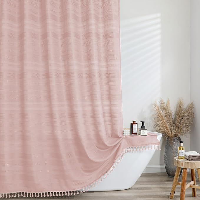 Extra Long Pink Shower Curtain 96 Inch Long, Boho Linen Textured Soft Fabric Heavy Duty Cloth Bathroom Shower Curtain with Tassel, Tall Farmhouse Luxury Bath Decor, 72Wx96L Inches