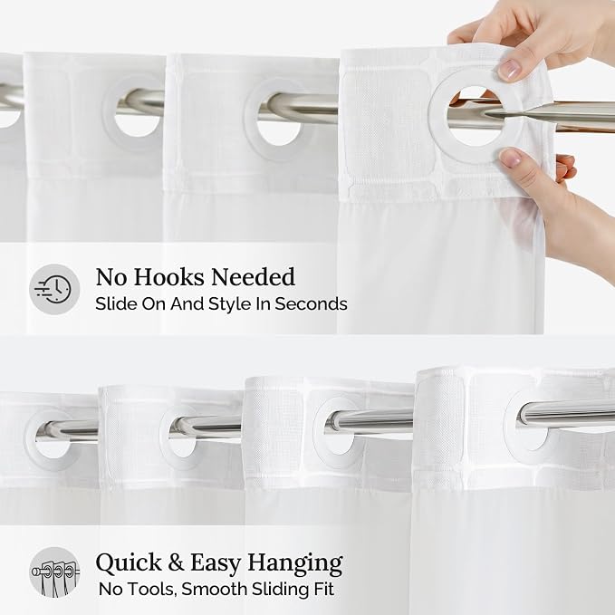 RiverDream Farmhouse No Hooks Shower Curtain with Snap-in Liner,White,71x86 | Snap on Fabric Liner,Heavy Duty,Quick Dry,Mesh Top Window,With Bottom Magnets,Washable,with Tassels,Extra Long Size