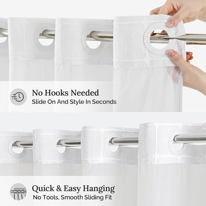 RiverDream Farmhouse No Hooks Shower Curtain with Snap-in Liner,White,71x86 | Snap on Fabric Liner,Heavy Duty,Quick Dry,Mesh Top Window,With Bottom Magnets,Washable,with Tassels,Extra Long Size