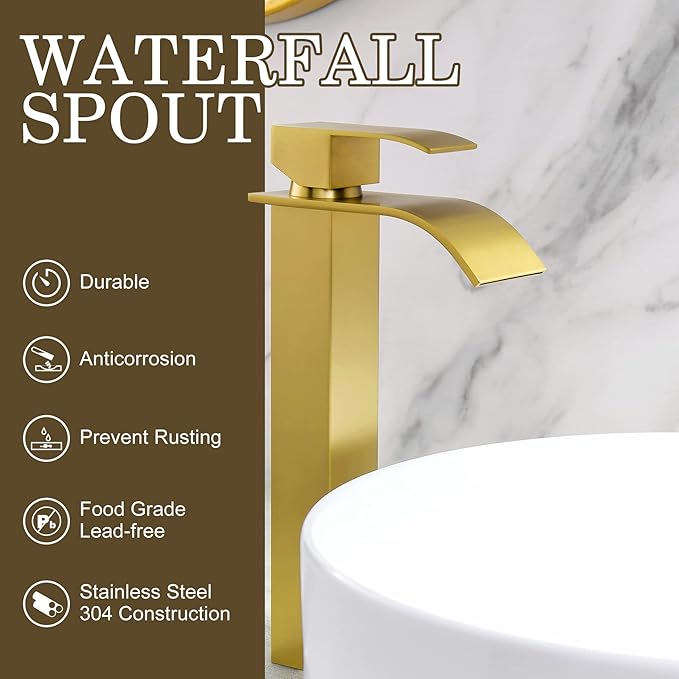 Gold Vessel Sink Facuet, Brushed Gold Tall Bathroom Sink Faucet Waterfall Bathroom Faucet for Vessel Sinks Single Handle Bathroom Vanity Faucet