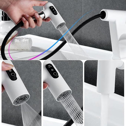 JRUIA White Bathroom Faucet, Brass Sink Mixer Tap, Pull Out Spray, Three Water Output Modes, Modern Swivel Kitchen Faucet,Silver