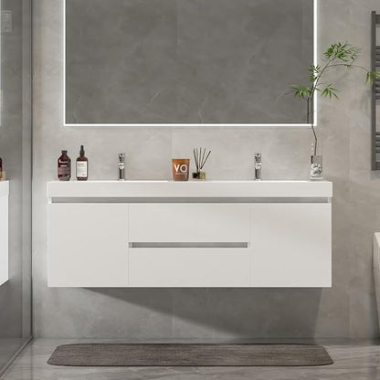Vanity Art 60 Inch Double Sinks Wall Mounted Bathroom Vanity Set 2 Drawers 4 Shelves Storage Cabinet with White Engineered Stone Top Undermount Rectangle Sinks High-Glossy