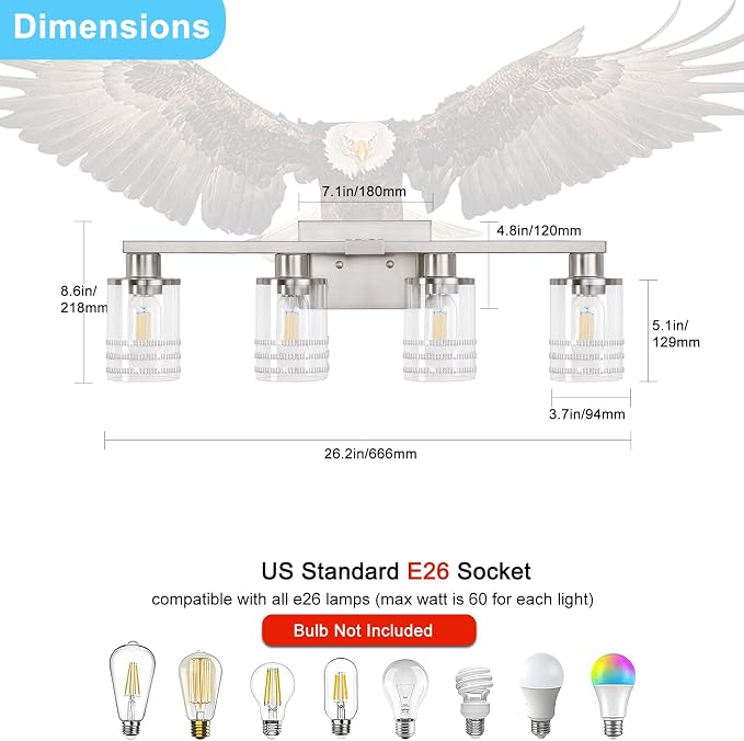 YYT Brushed Nicekl Bathroom Light Fixtures 4 Light Bathroom Vanity Light Brushed Nicekl Vanity Lights for Bathroom with Clear Glass Shade