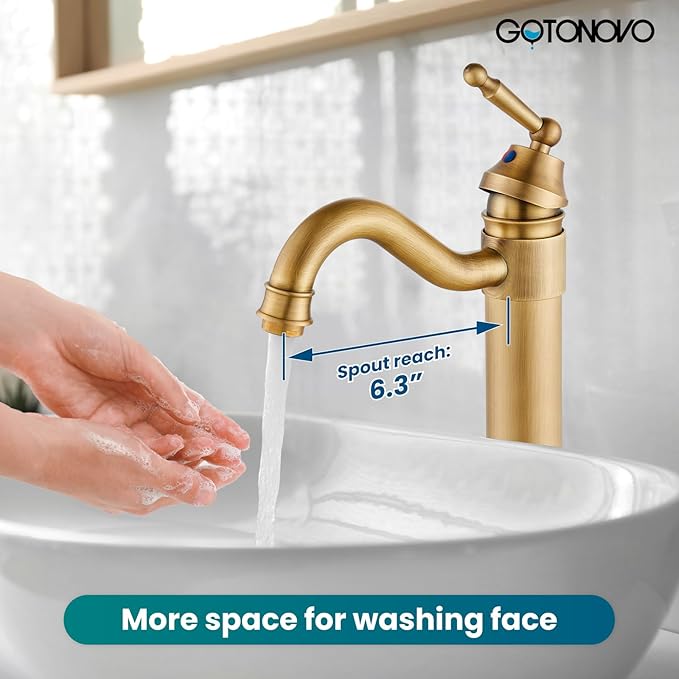 gotonovo Bathroom Vessel Sink Faucet Single Handle Brass Long Reach Bathroom Faucet 1 Hole Deck Mounted Mixer Tap with Pop Up Drain Antique Brass
