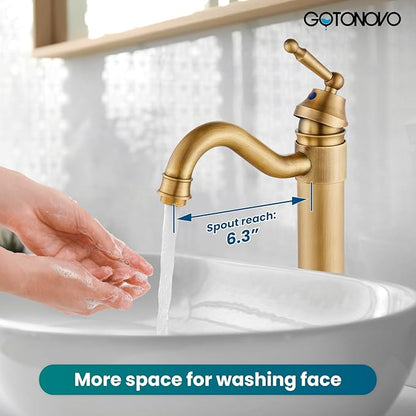 gotonovo Bathroom Vessel Sink Faucet Single Handle Brass Long Reach Bathroom Faucet 1 Hole Deck Mounted Mixer Tap with Pop Up Drain Antique Brass