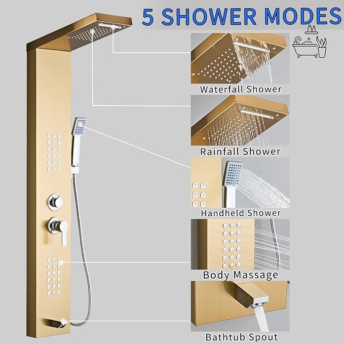 5-in-1 Shower Panel Tower System - Brushed Gold | 304 stainless steel Shower Panel Tower Column with Powerful Body Jets, Rainfall, Waterfall,Handheld and Tub Spout