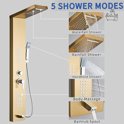 5-in-1 Shower Panel Tower System - Brushed Gold | 304 stainless steel Shower Panel Tower Column with Powerful Body Jets, Rainfall, Waterfall,Handheld and Tub Spout