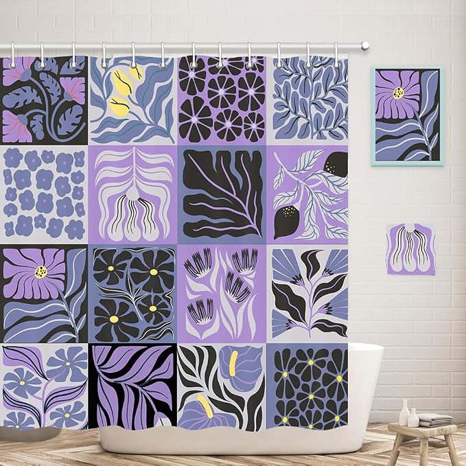 JAWO Retro Shower Curtain Vintage Abstract Boho Floral Shower Curtains for Bathroom Decor Purple Yellow Botanical Geometric Groovy Aesthetic Pattern Shower Curtain Sets with Hooks, 69X84IN