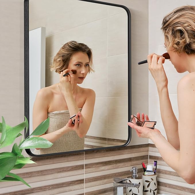 NEWBULIG Bathroom Wall Mirror, Vanity Mirror for Over Sink, 24x36 Inch | Matte Metal Framed Tempered Glass, Over Sink Entryway, Living Room Bedroom, Black