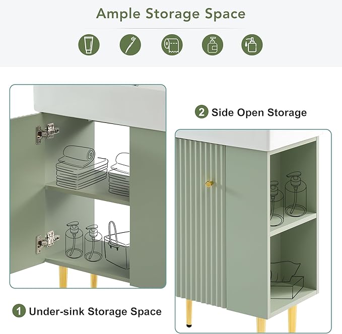 21.6 in Small Bathroom Vanity with Sink,Doors and Storage Shelves,Wood Modern Single Fluted Bathroom Sink Cabinet Freestanding (Green,Right Shelf)