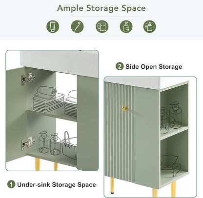 Merax Bathroom Vanity with Ceramic Sink, 21.6" Freestanding Bathroom Cabinet Vanity with Storage, Single Sink Small Vanity, Green