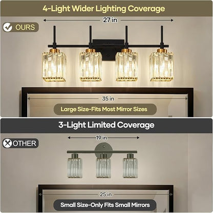 Torondo Modern Crystal Bathroom Vanity Light 4-Lights Gold Bathroom Light Fixtures Over Mirror Black and Gold Vanity Lighting Fixtures Gold Square Shade Brass Wall Sconce (Bulbs Not Include)