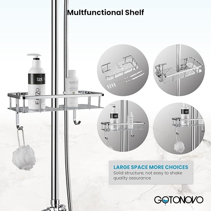 gotonovo Polish Chrome 8 inch Rainfall Shower Head With Adjustable Ceramics Handheld Sprayer Dual Functions Exposed Shower Faucet with Shower Shelf Wall Mounted Double Cross Handles