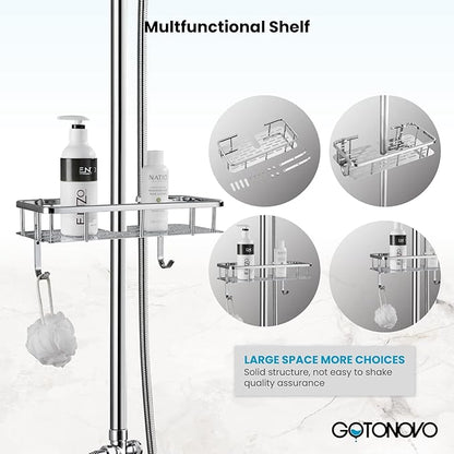gotonovo Polish Chrome 8 inch Rainfall Shower Head With Adjustable Ceramics Handheld Sprayer Dual Functions Exposed Shower Faucet with Shower Shelf Wall Mounted Double Cross Handles