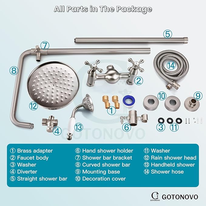 gotonovo Luxury Exposed Shower Faucet Set Bathroom Shower System 8 Inch Wall Mount Rainfall Shower Head with Handheld Spray Cross Double Handle Shower Fixture Adjustable Straight Rod Brushed Nickel