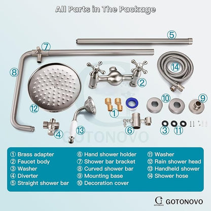 gotonovo Luxury Exposed Shower Faucet Set Bathroom Shower System 8 Inch Wall Mount Rainfall Shower Head with Handheld Spray Cross Double Handle Shower Fixture Adjustable Straight Rod Brushed Nickel