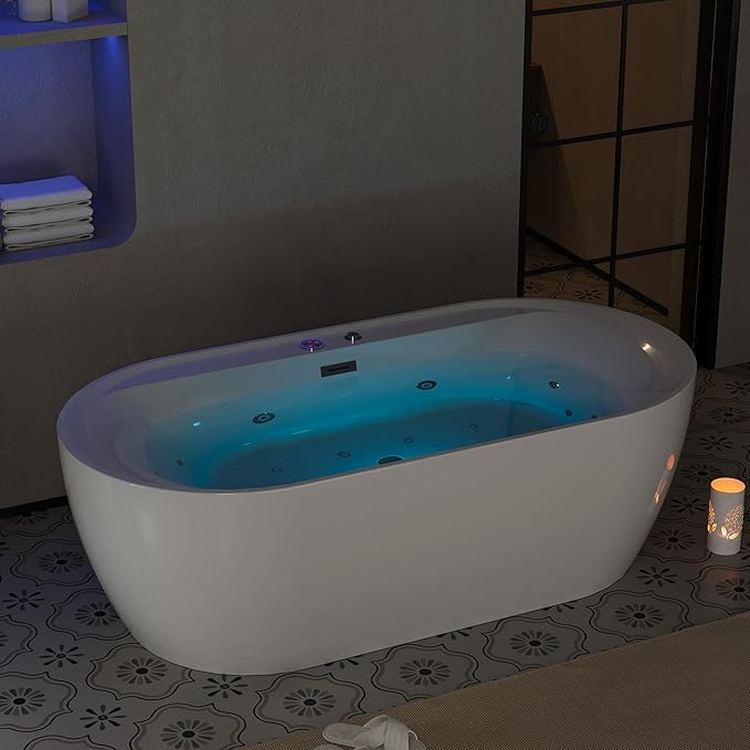 71" Freestanding Whirlpool Tub - Air Bubble & Hydro Jet,Multi-Color LED Mood Lighting & Massage Jets - White Acrylic Soaking Bathtub for Home Spa