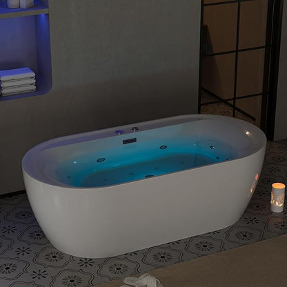 71" Freestanding Whirlpool Tub - Air Bubble & Hydro Jet,Multi-Color LED Mood Lighting & Massage Jets - White Acrylic Soaking Bathtub for Home Spa