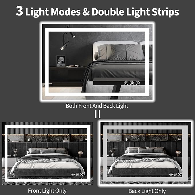 Koonmi 48x24 LED Bathroom Mirror with Light, Anti-Fog, 3 Colors | Backlit + Front Lit, Dimmable Brightness, Shatterproof HD Distortion-Free Tempered Glass, Hardware Included