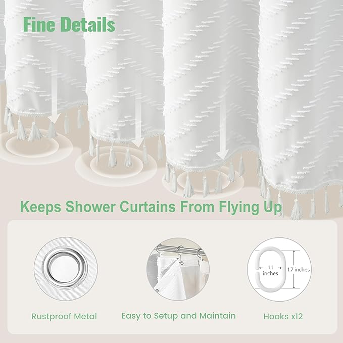 Dynamene White Boho Shower Curtain and Liner Set, Farmhouse Fabric Shower Curtain and Waterproof Clear Liner, Tufted Chevron Striped Textured Tassel Shower Curtains for Bathroom with 12 Hooks, 72x72