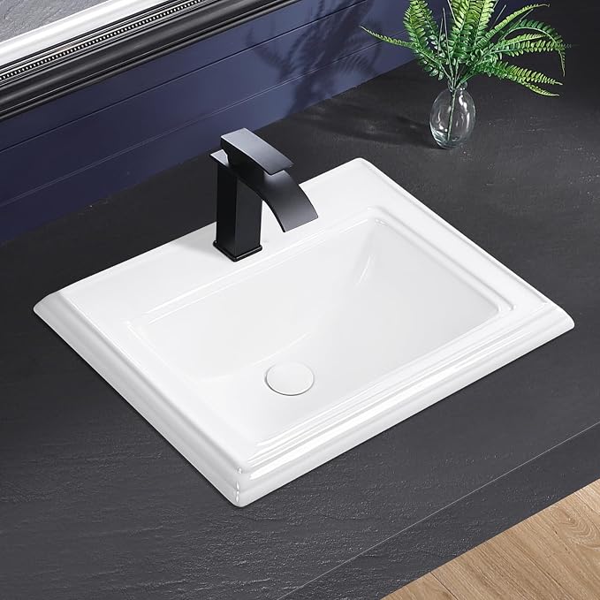 Semi Recessed Bathroom Sink 23"x18" Drop In Vessel Sink with Faucet Hole White Porcelain Ceramic Modern Rectangular Sinks Basin Vanity Sinks with Overflow for Bathrooms