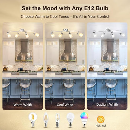HiBay 4-Light Track Lighting Modern, Adjustable Ceiling Light Fixture | with Glass Shades, Metal Chrome Spotlight Indoor for Bathroom, Kitchen, Living Room, E12 Base, No Bulbs