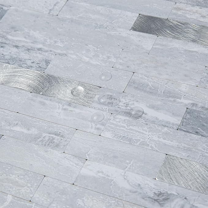 AULIGET 20 Sheets Faux Stone Peel and Stick Backsplash, Light Grey Marble Look PVC Mixed Metal Wall Tiles Stick on Backsplash for Kitchen