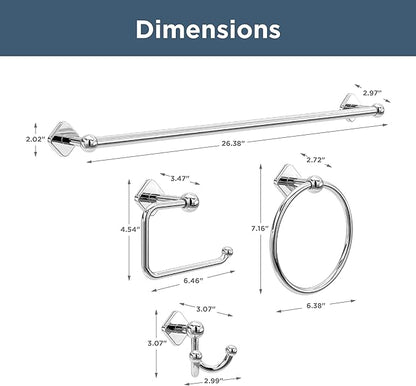 Franklin Brass Gainesville 4-Piece Bathroom Set Polished Chrome 18" + 6" Towel Rack, Toilet Paper Holder, Hand Towel Holder, Hook | 4-Piece Bath Hardware Accessories Set GNV64-PC