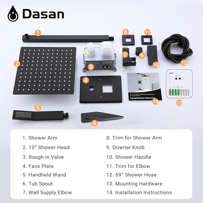 DASAN Tub Shower Faucets Sets Complete Matte Black Bathtub Shower System with Waterfall Tub Spout, Bathtub Faucet Set Tub and Shower Faucet Combo Trim Kit with Valve, DA-SS04MB-S10W