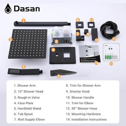 DASAN Tub Shower Faucets Sets Complete Matte Black Bathtub Shower System with Waterfall Tub Spout, Bathtub Faucet Set Tub and Shower Faucet Combo Trim Kit with Valve, DA-SS04MB-S10W
