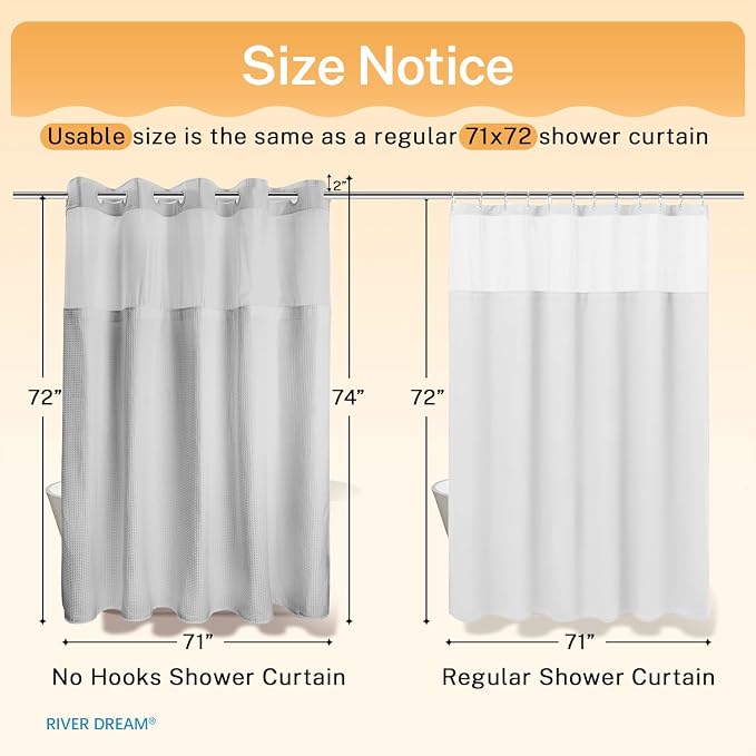 River Dream Waffle No Hook Shower Curtain with Liner,Light Grey,71x74 | Dotted Waffle,Snap-in Liner,Heavy Duty,Quick Dry,Mesh Top Window,With Bottom Magnets,Hotel-Grade,Washable,Standard Size