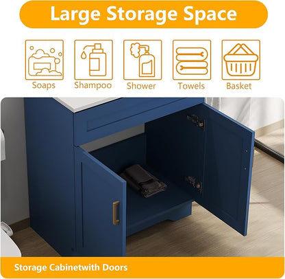 30 Inch Bathroom Vanity, Wooden Double Door Bathroom Sink Storage Cabinet, Freestanding Modern Bathroom Vanity Without Sink (Blue No Sink, 30")