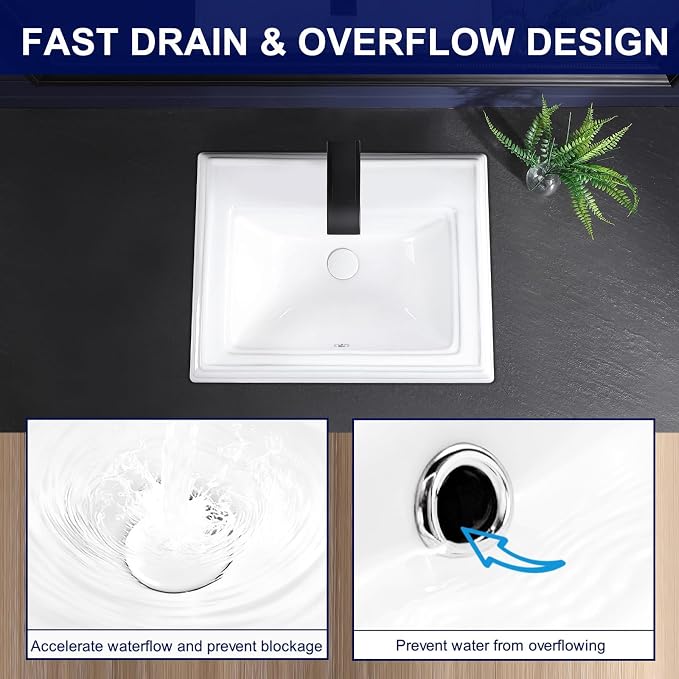 Semi Recessed Bathroom Sink 23"x18" Drop In Vessel Sink with Faucet Hole White Porcelain Ceramic Modern Rectangular Sinks Basin Vanity Sinks with Overflow for Bathrooms