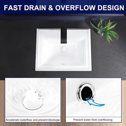 Semi Recessed Bathroom Sink 23"x18" Drop In Vessel Sink with Faucet Hole White Porcelain Ceramic Modern Rectangular Sinks Basin Vanity Sinks with Overflow for Bathrooms