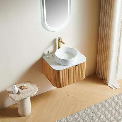 24-Inch Modern Bathroom Vanity with Sink, Plywood, Nature Wood | Floating Cabinet with Ultra-Thin Ceramic Basin and Marble Top, Extra Large Storage Drawer, Soft-Close Design, Pre-Assembled
