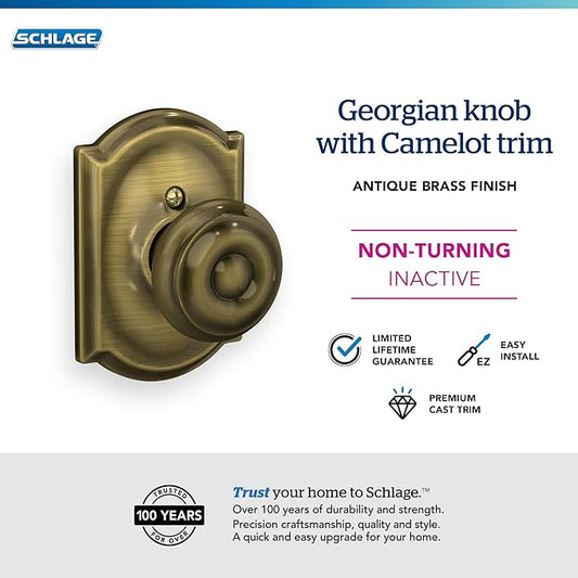 SCHLAGE Lock Company SCHLAGE Knob with Camelot Trim Non-Turning Lock, Antique Brass (F170 GEO 609 CAM)