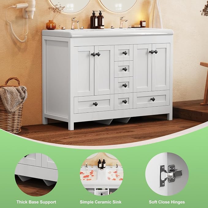 48" Bathroom Vanity with Double Sink, 47.3" W x 19.7" D x 35.4" H Modern Double Bathroom Vanity Cabinet with 2 Doors & 6 Drawers, Solid Wood Frame White Vanity Set with Ceramic Sinks