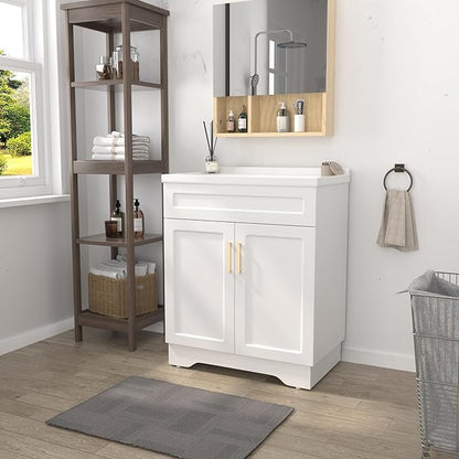 OLD CAPTAIN Bathroom Vanity with Ceramic Sink, Wooden Double Door Bathroom Vanity, 32 Inch Bath Cabinet with Sink and Storage, White