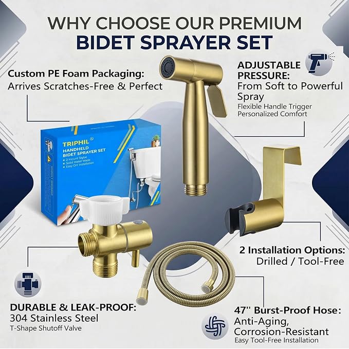 TRIPHIL Handheld Bidet Sprayer for Toilet, Adjustable Water Pressure Jet Bidet Attachment with Leak-Proof 304 Stainless Steel T-Valve for Bathroom Cleaning, Cloth Diaper/Feminine Wash, Brushed Gold