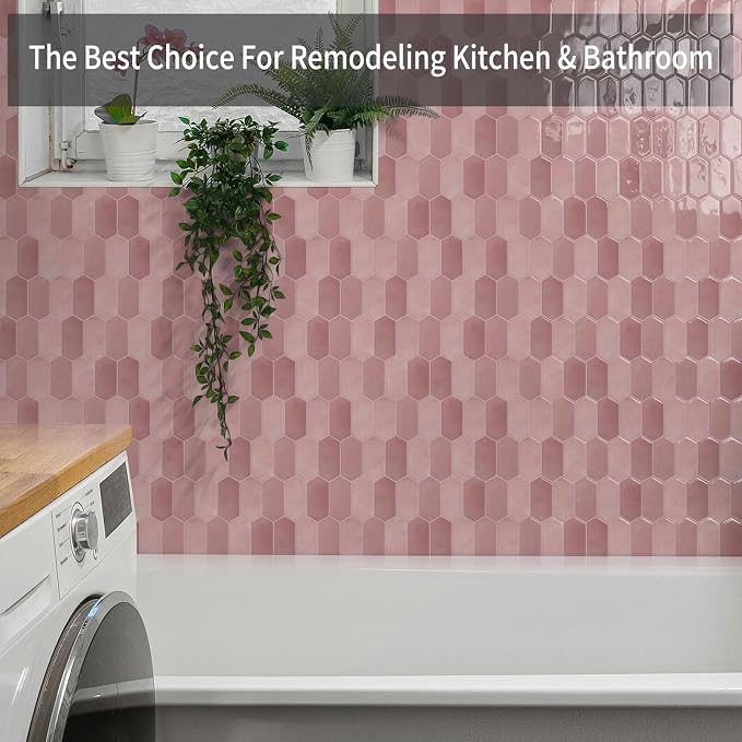 10-Sheet Long Hexagon Peel and Stick Kitchen Backsplash Tiles | 3D Waterproof Self-Adhesive Wall Tile Stick on Backsplash for Kitchen, Bathroom, Fireplace,RV(Pink,12"×12")