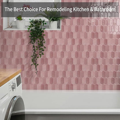 10-Sheet Long Hexagon Peel and Stick Kitchen Backsplash Tiles | 3D Waterproof Self-Adhesive Wall Tile Stick on Backsplash for Kitchen, Bathroom, Fireplace,RV(Pink,12"×12")