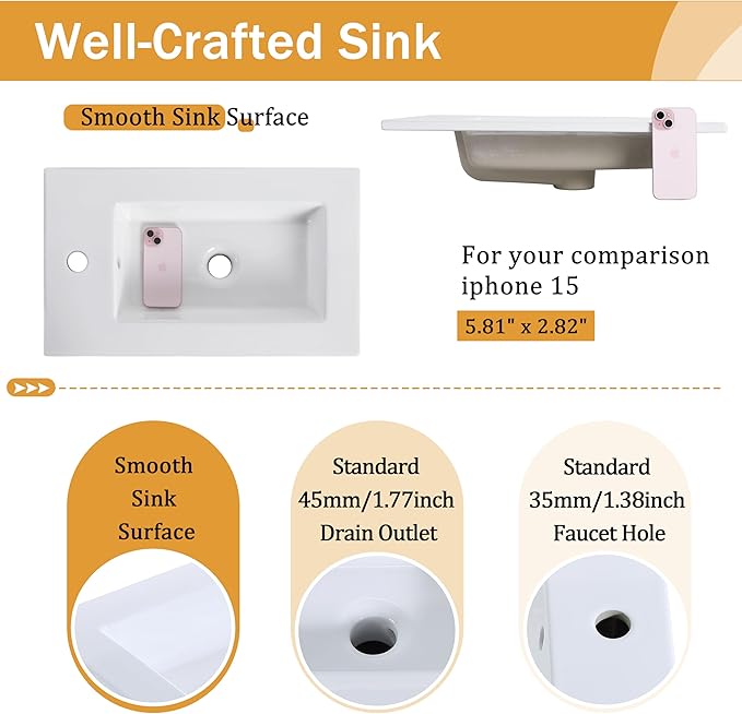Malwee 22" Floating Bathroom Vanity with Sink, 22 Inch Wall Mounted Bathroom Cabinet Single Sink Combo, with 1 Soft Close Door and White Ceramic Basin Top for Small Space, Space-Saving Design (002PGO)