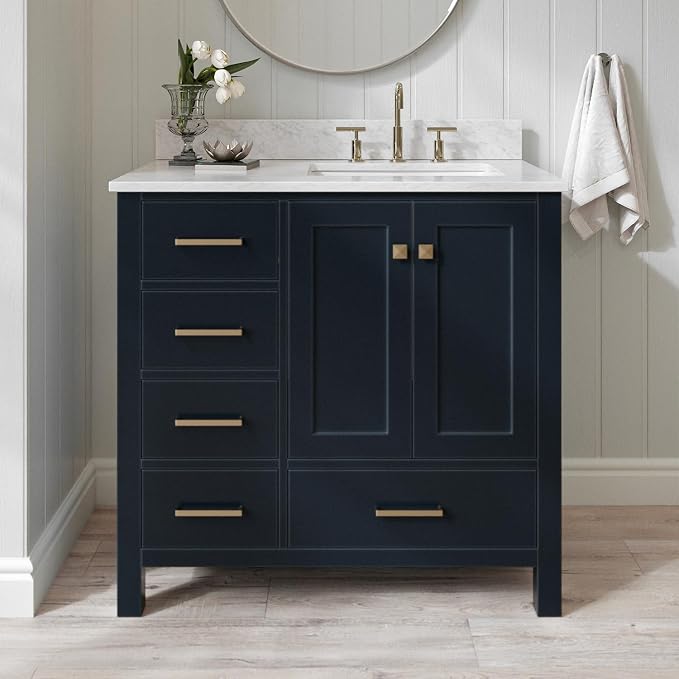 ARIEL Cambridge 36-inch Bathroom Vanity with Sink,Solid Wood, 0.75-inch Italian Carrara Marble Countertop, Single Rectangular Porcelain Sink, 2 Soft Closing Doors, 5 Dovetail Drawers, Midnight Blue