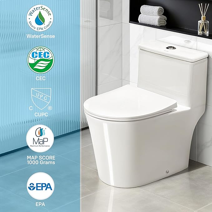 W2111D One-Piece Dual Flush Toilet, 0.8/1.28 GPF,Soft-Close UF Seat,V-Shape Elongated Bowl, 12-In Rough-In, White, WaterSense & EPA Certified, Tornado Flush