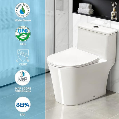 W2111D One-Piece Dual Flush Toilet, 0.8/1.28 GPF,Soft-Close UF Seat,V-Shape Elongated Bowl, 12-In Rough-In, White, WaterSense & EPA Certified, Tornado Flush